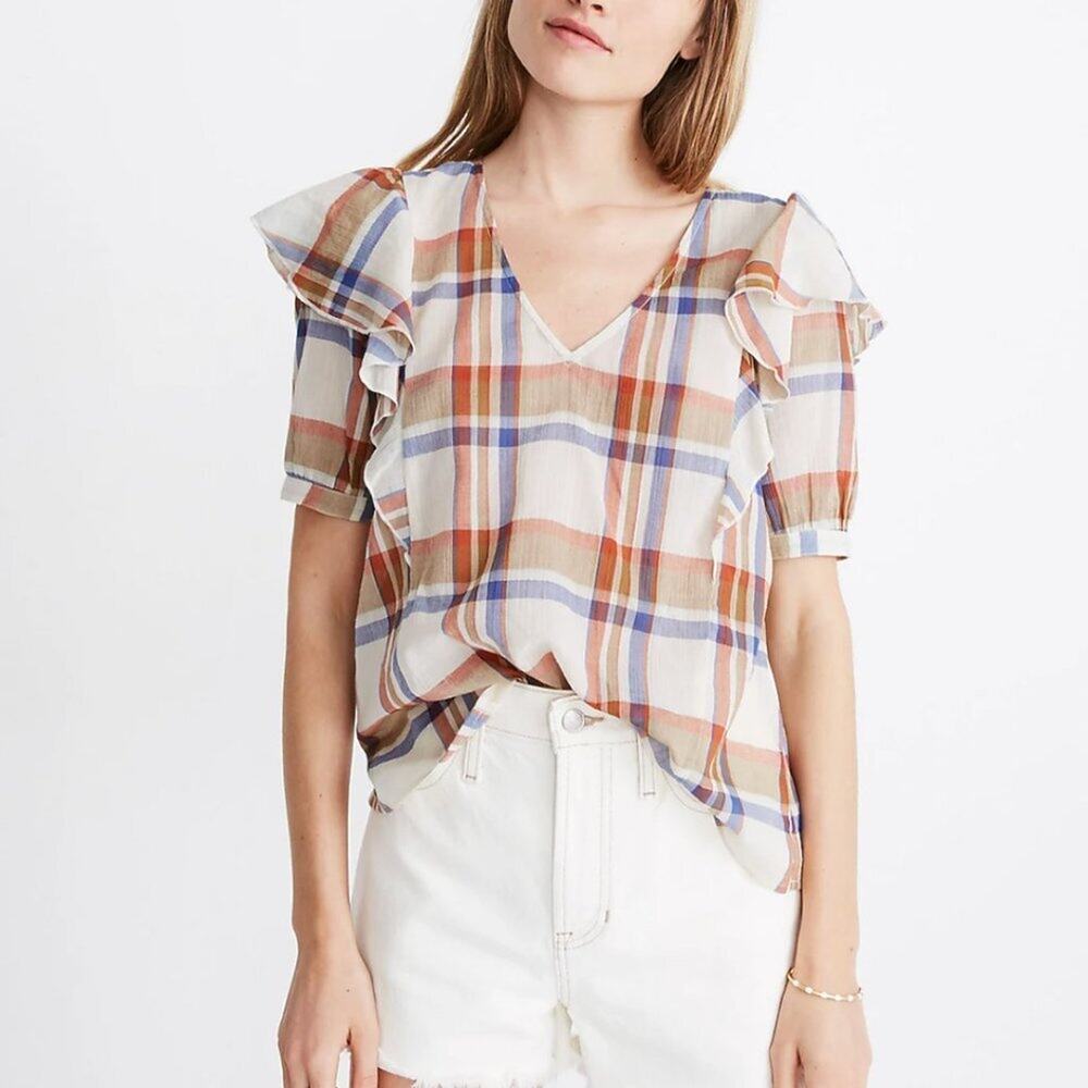 Madewell V-Neck Shoulder-Ruffle Top in Plaid